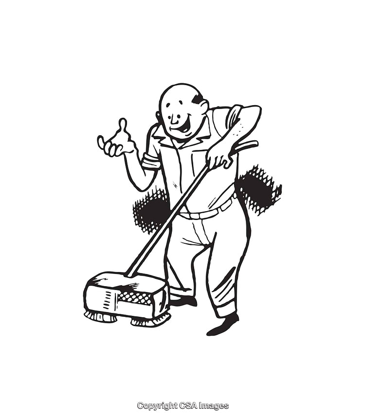 Black And White Line Art Illustration of a Worker Using a Floor Sweeper