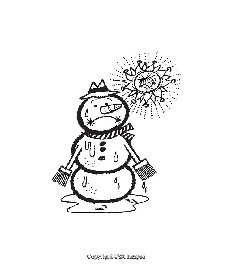 Melting Snowman Illustration Under Shining Sun in Black and White