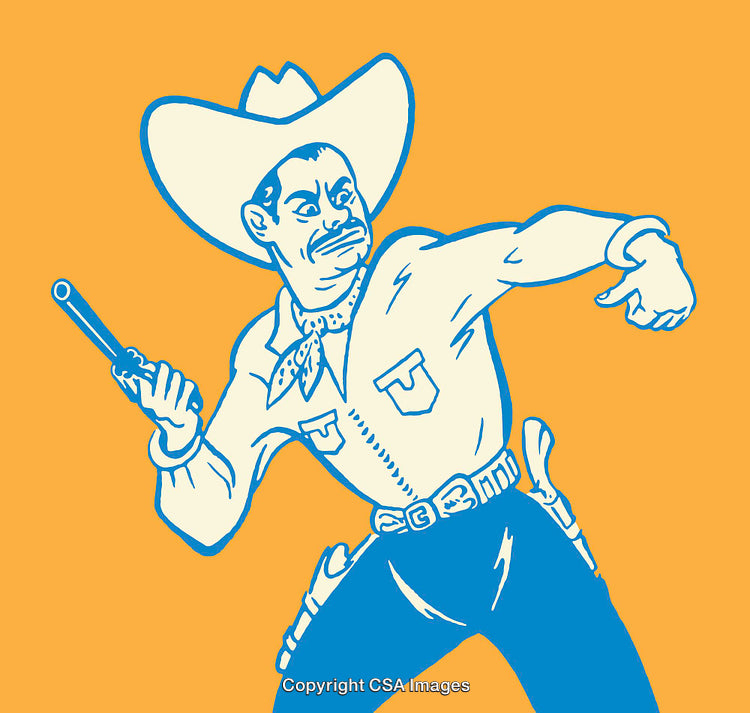 Vintage Line Art Illustration of a Cowboy Poised for Action