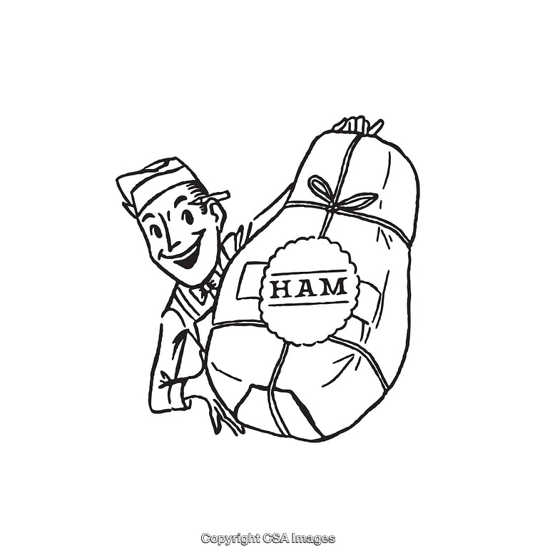 Retro Style Illustration of a Person Carrying a Large Wrapped Ham