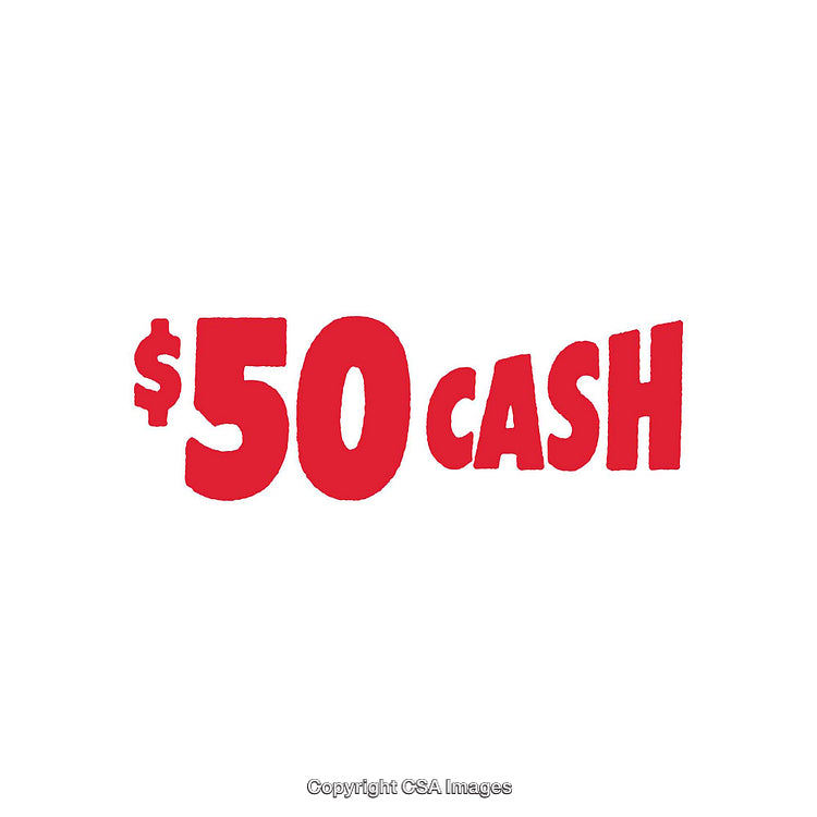 Bold Red Typography Displaying $50 Cash on White Background
