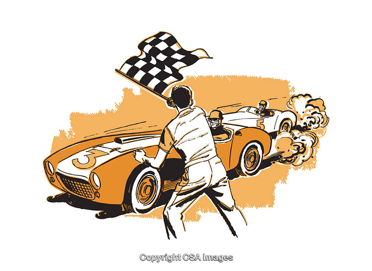 Vintage Racing Illustration Featuring Classic Cars and Black and White Checkered Flag