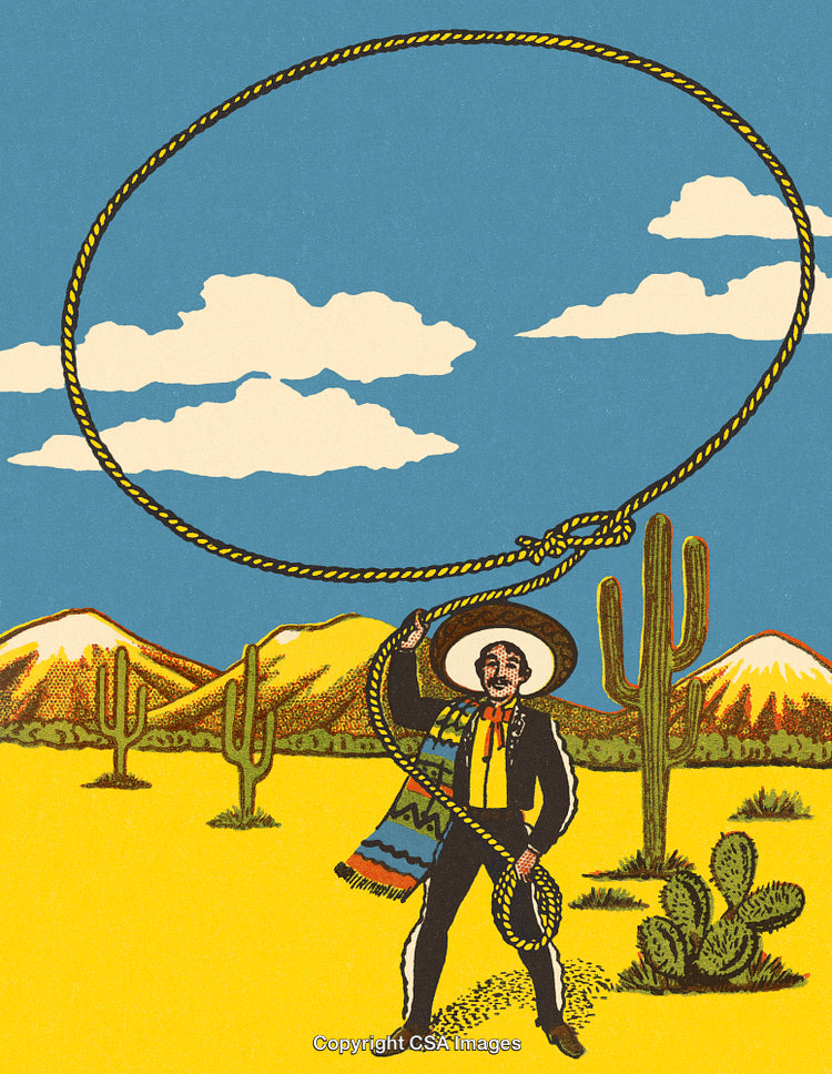 Mexican Cowboy Performing Rope Tricks in a Desert Landscape With Cacti