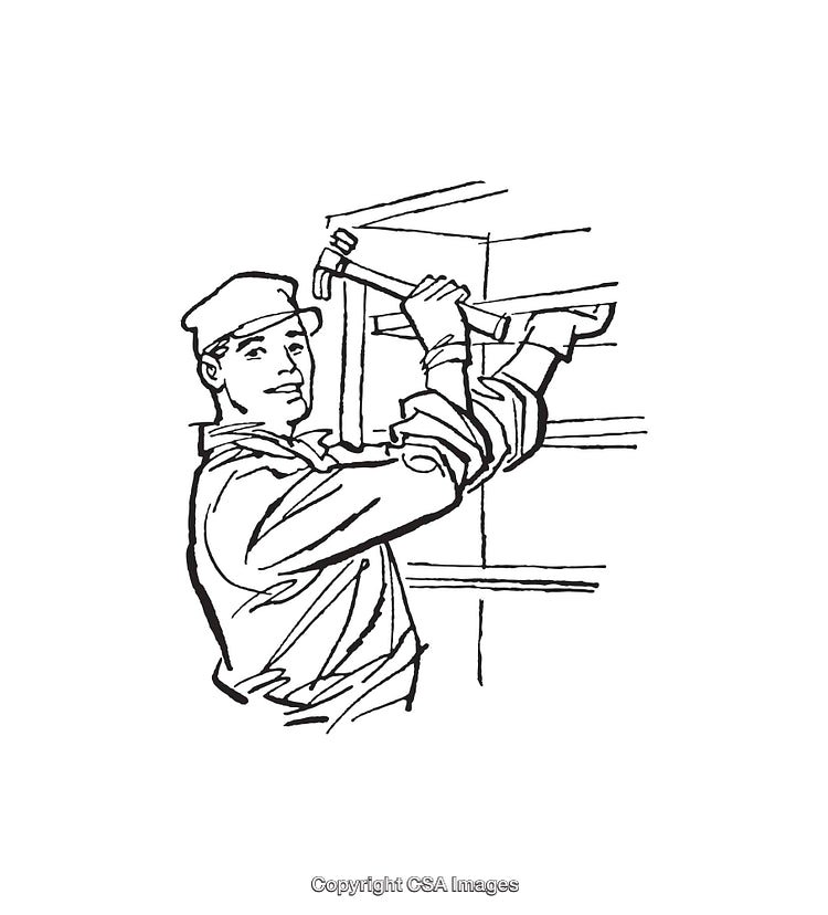 Worker Using Hammer to Secure Structure in Black and White Illustration