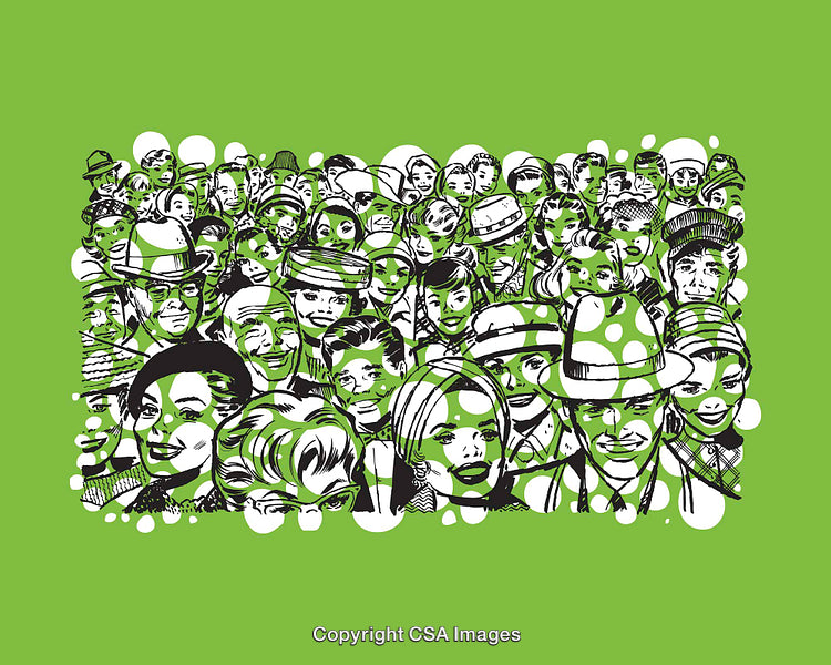 Illustrative Collage of Diverse Faces on Bright Green Background