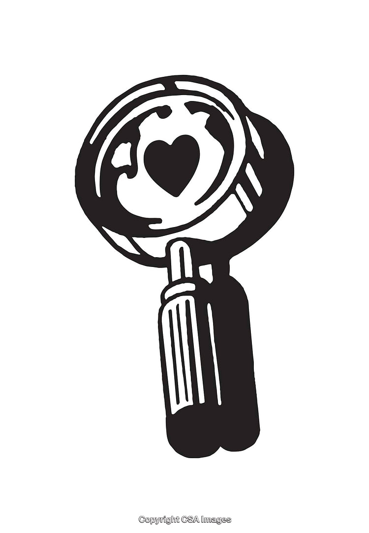 Black and White Line Art Illustration of a Heart Symbol in a Magnifying Glass