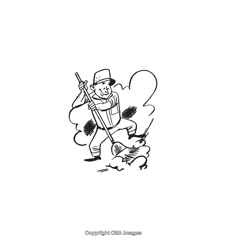 Vintage Black and White Drawing of a Worker Sweeping the Ground