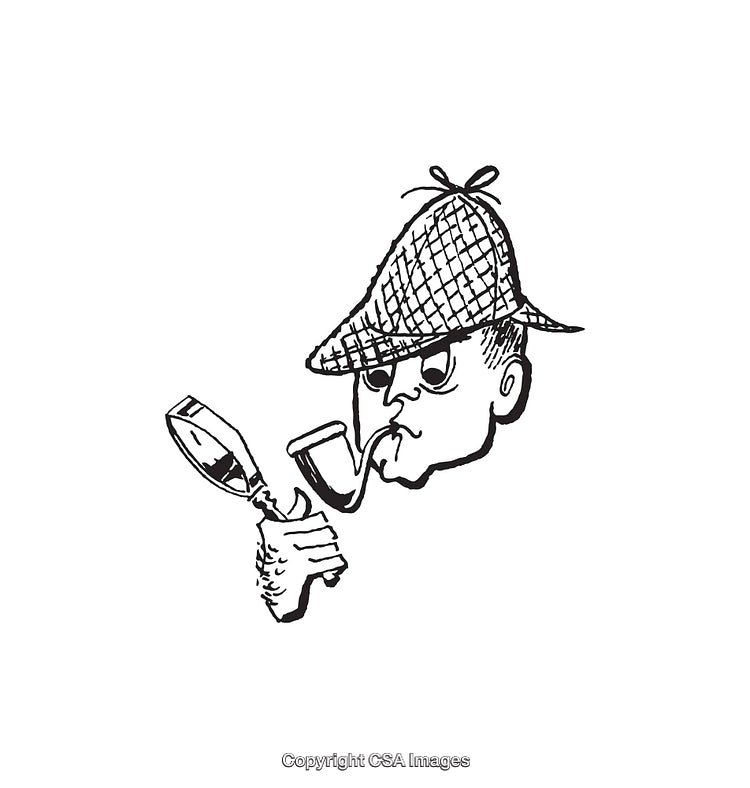 Black and White Line Art of Detective with Magnifying Glass and Pipe