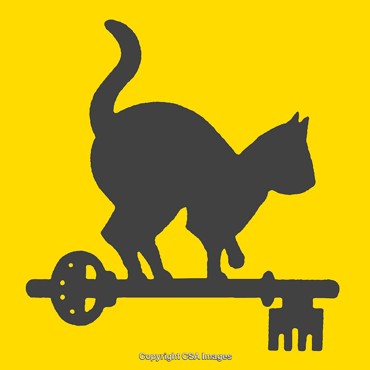 Silhouette of a Cat Standing on a Key Against a Bold Yellow Background