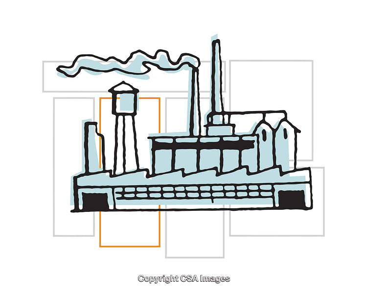 Stylized Illustration of Industrial Factory Structure with Smoke Stacks
