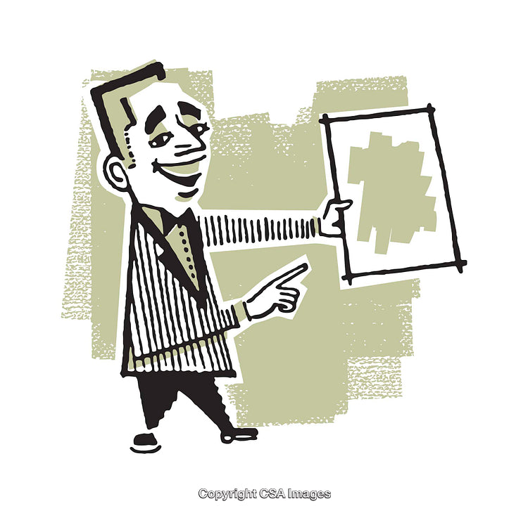Vintage Cartoon-Like Businessman Illustration Holding a Presentation Board