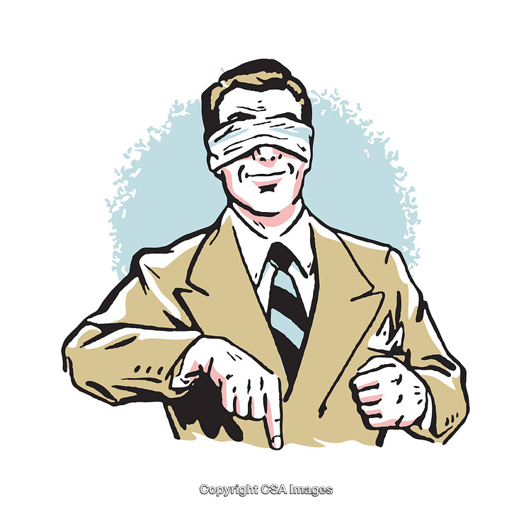 Blindfolded Businessman Pointing Downward in a Colorful Retro Illustration