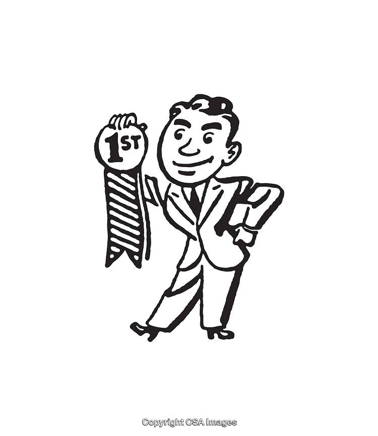 Vintage Style Cartoon Illustration of a Man Holding a First Prize Ribbon
