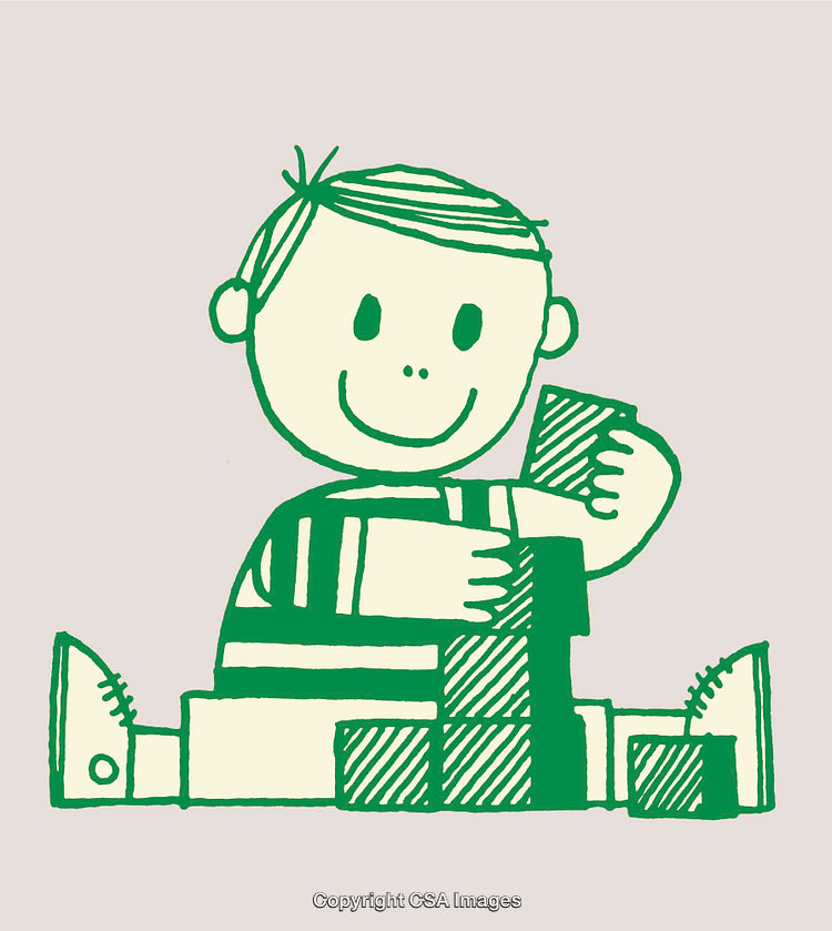 Smiling Child Playing With Blocks in Vintage Green Color Illustration
