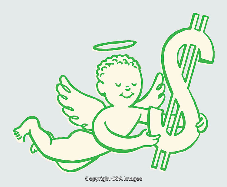 Playful Angel Illustration Embracing Dollar Symbol Representing Art and Finance