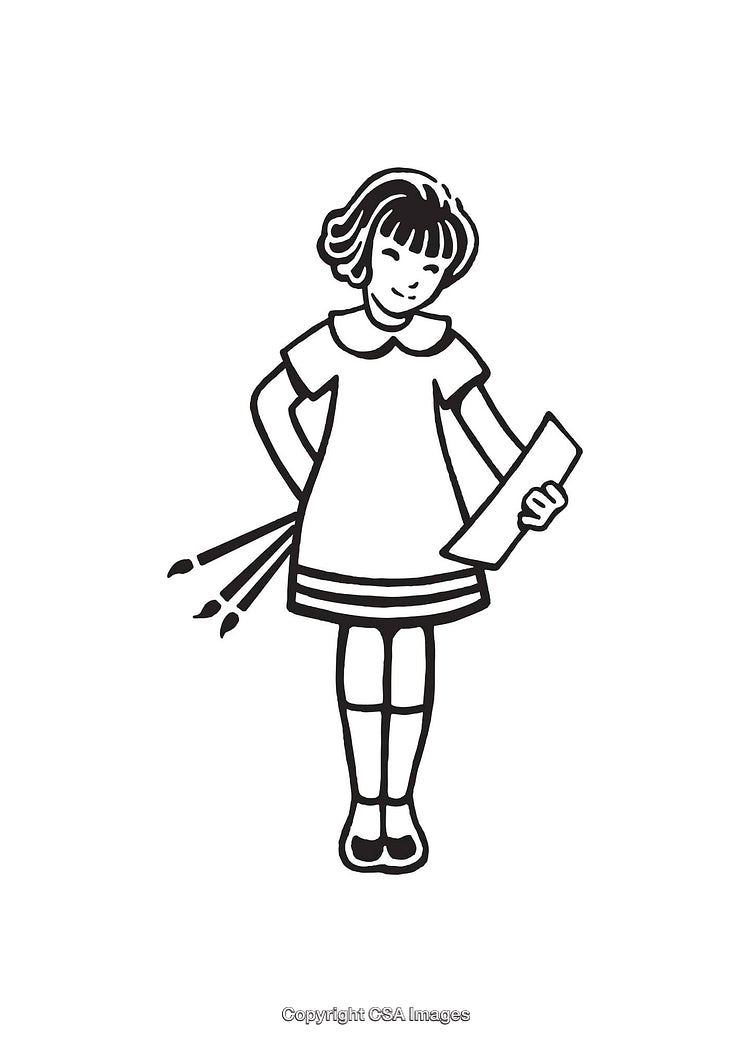 Black and White Line Art Illustration of a Girl Holding Paper and Brushes