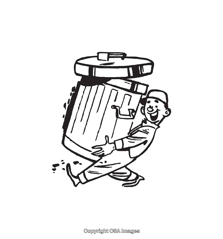 Black And White Line Art of a Happy Worker Carrying a Trash Bin