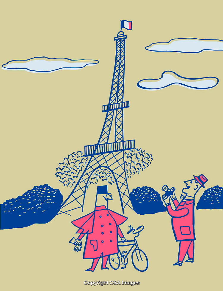 Colorful Parisian Art Illustration Featuring Eiffel Tower and French Characters