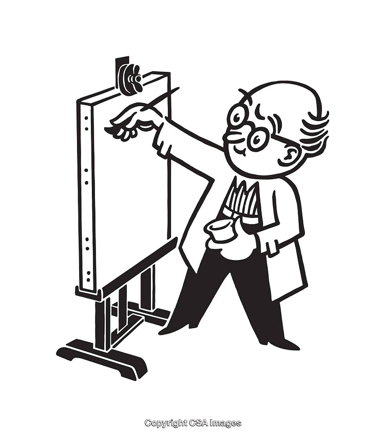 Illustration of Male Artist Painting Canvas in Black and White Line Art