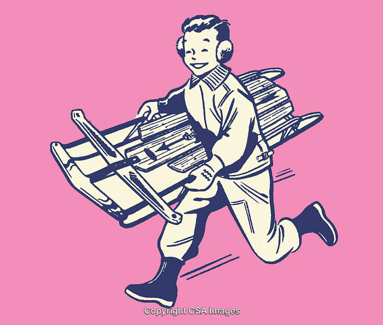 Happy Boy Carrying Wooden Sled on Colorful Winter Day Illustration