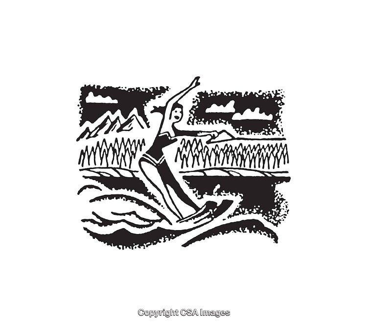 Person Water Skiing Amid Scenic Mountains in Detailed Black and White Art