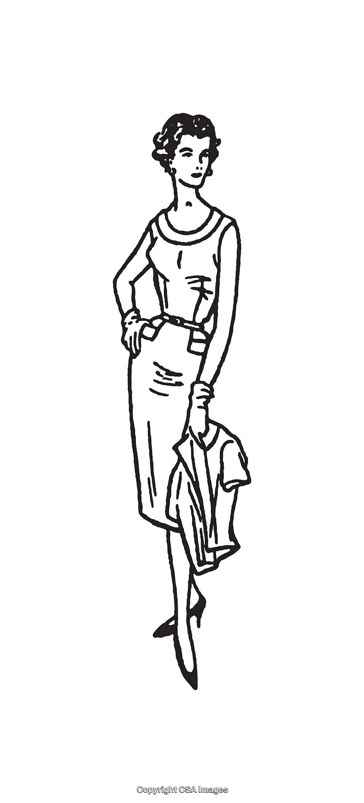 Elegant Black and White Line Art Illustration of a Woman in Dress