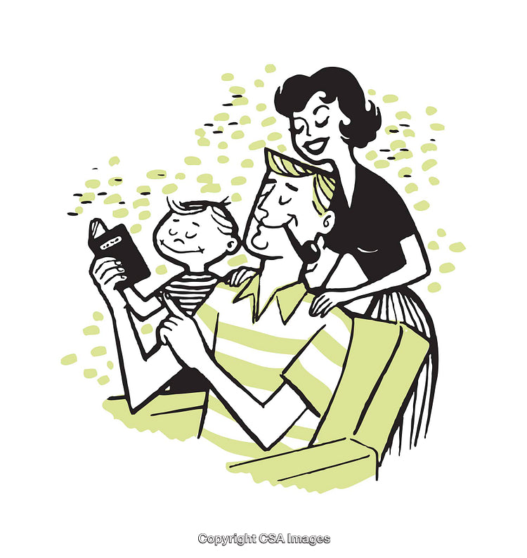 Smiling Family Sharing a Joyful Moment in a Retro Style Illustration