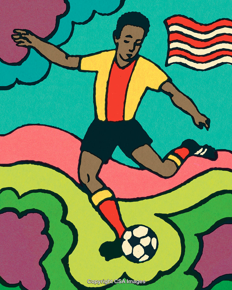 Colorful Illustration of Soccer Player, Artistic Style, Flag Background