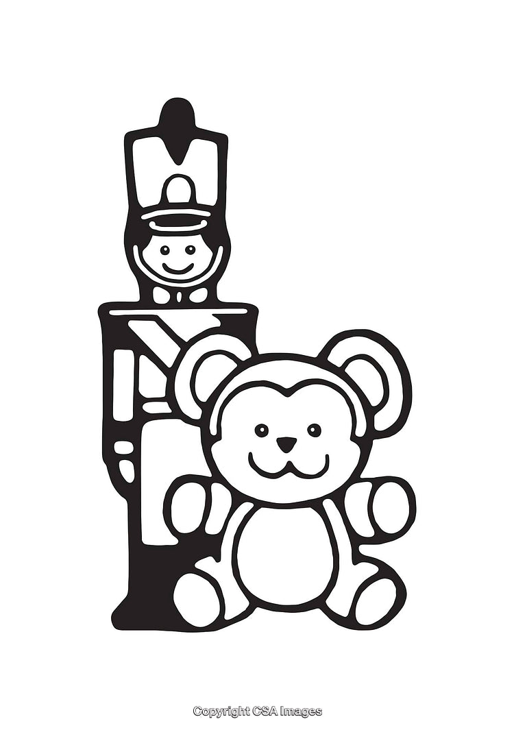 Black and White Line Art Illustration of Toy Soldier and Teddy Bear