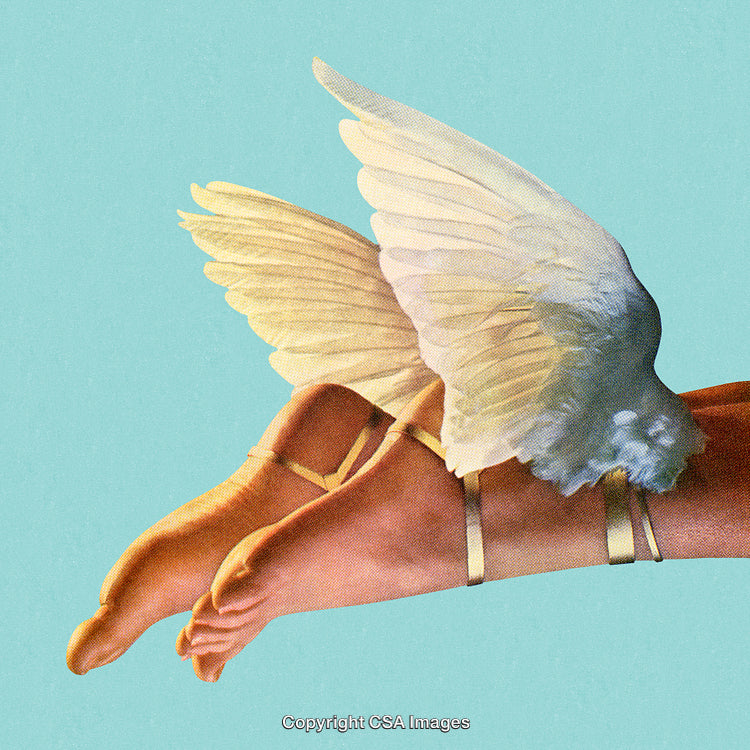 Stylized Winged Feet Illustration with Vintage Pop Art Aesthetic