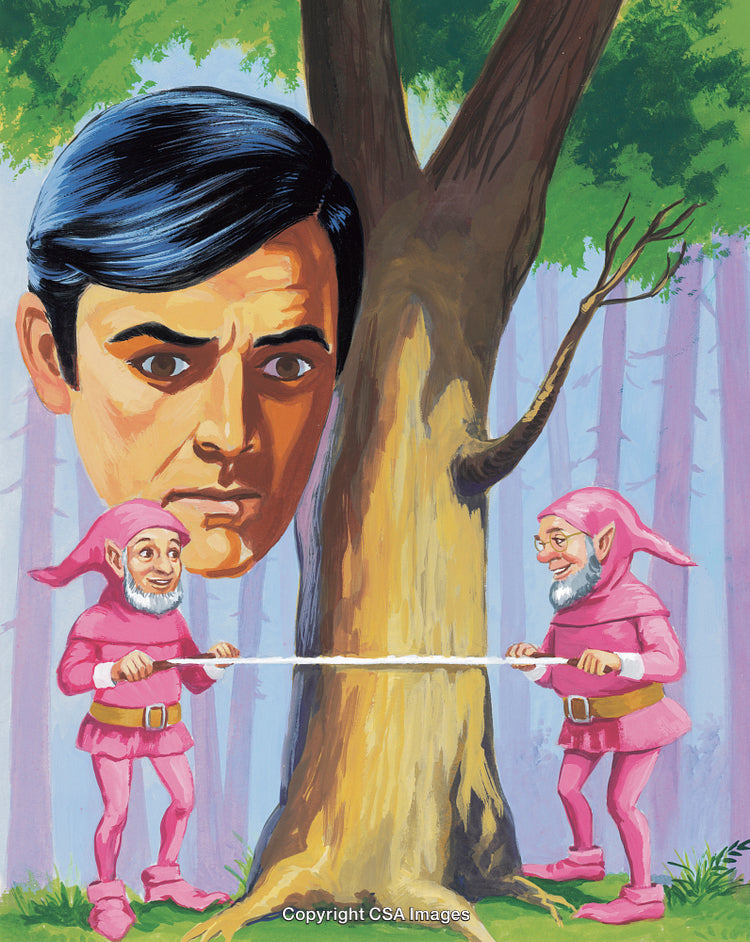 Surreal Illustration of Gnomes in Forest with Enigmatic Human Face Overlay