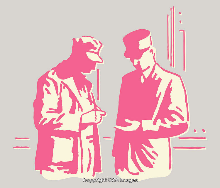 Stylized Color Line Art of Two Figures in Conversation