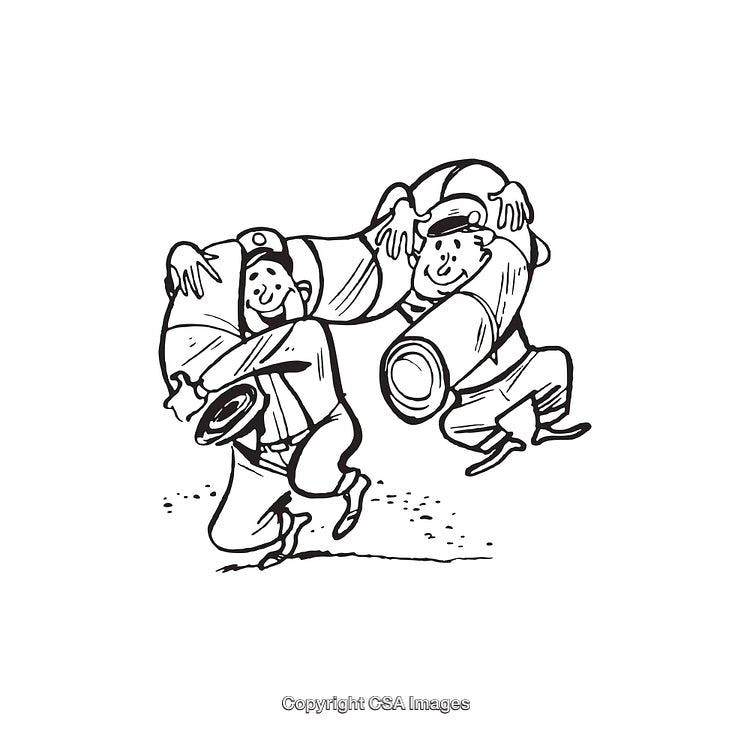Playful Cartoon Characters Carrying Oversized Tools in Black and White Line Art