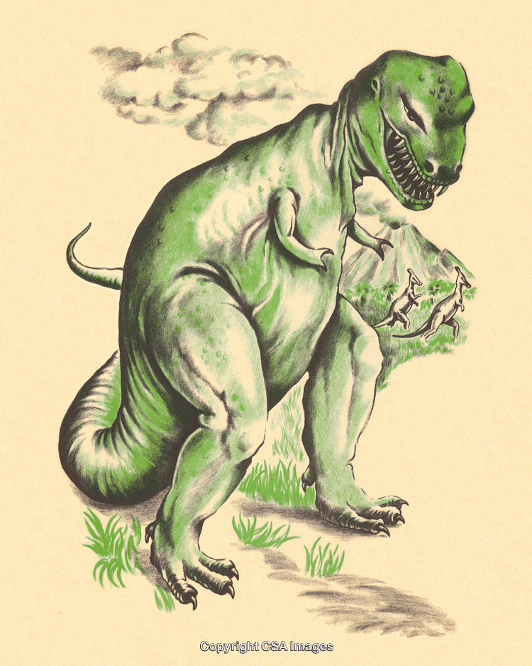 Vintage Illustration of a Roaring Green Dinosaur in a Lush Prehistoric Landscape