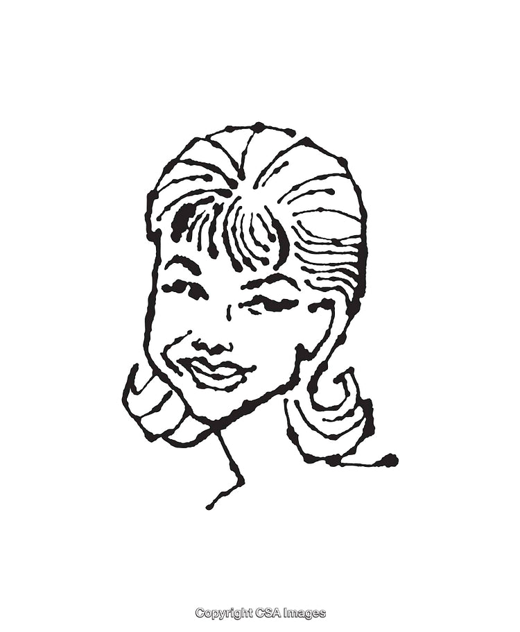 Black and White Line Art of a Smiling Woman with Detailed Hair
