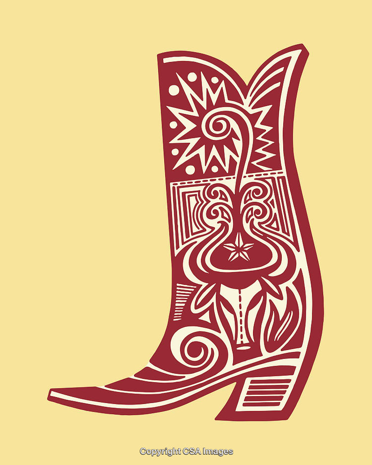 Intricate Burgundy Cowboy Boot Design on a Soft Yellow Background
