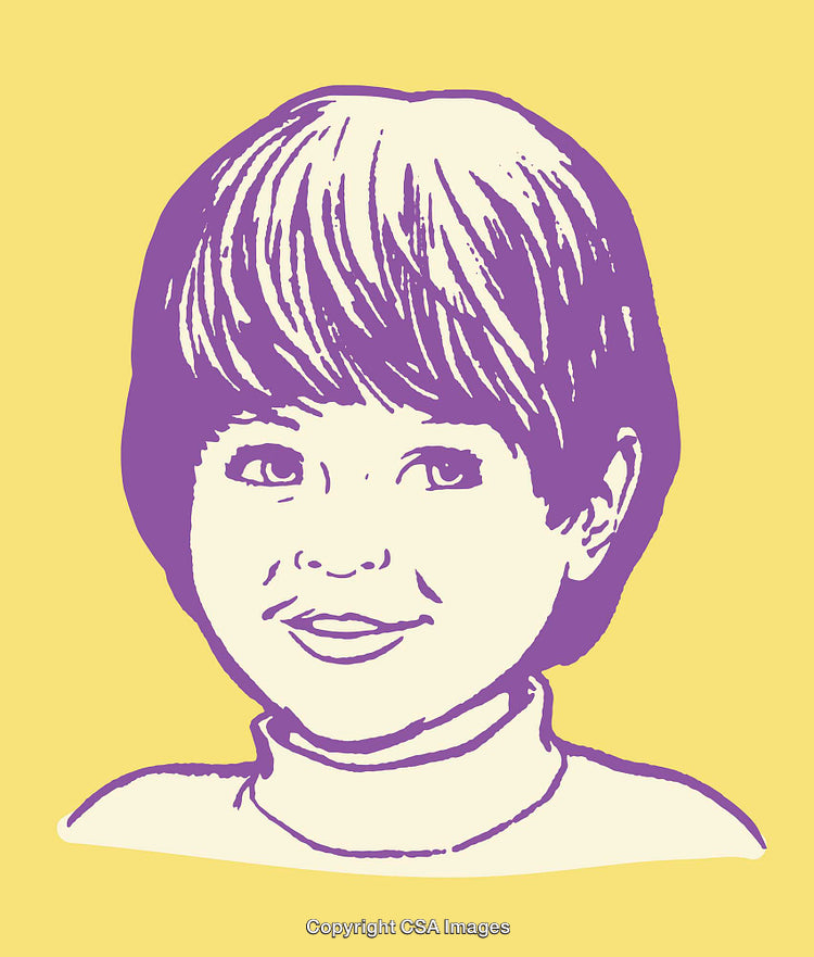 Playful Purple Outline Illustration of a Smiling Child on Yellow Background