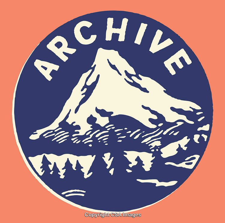 Vintage Color Illustration of Mountain Scenery with Archive Text