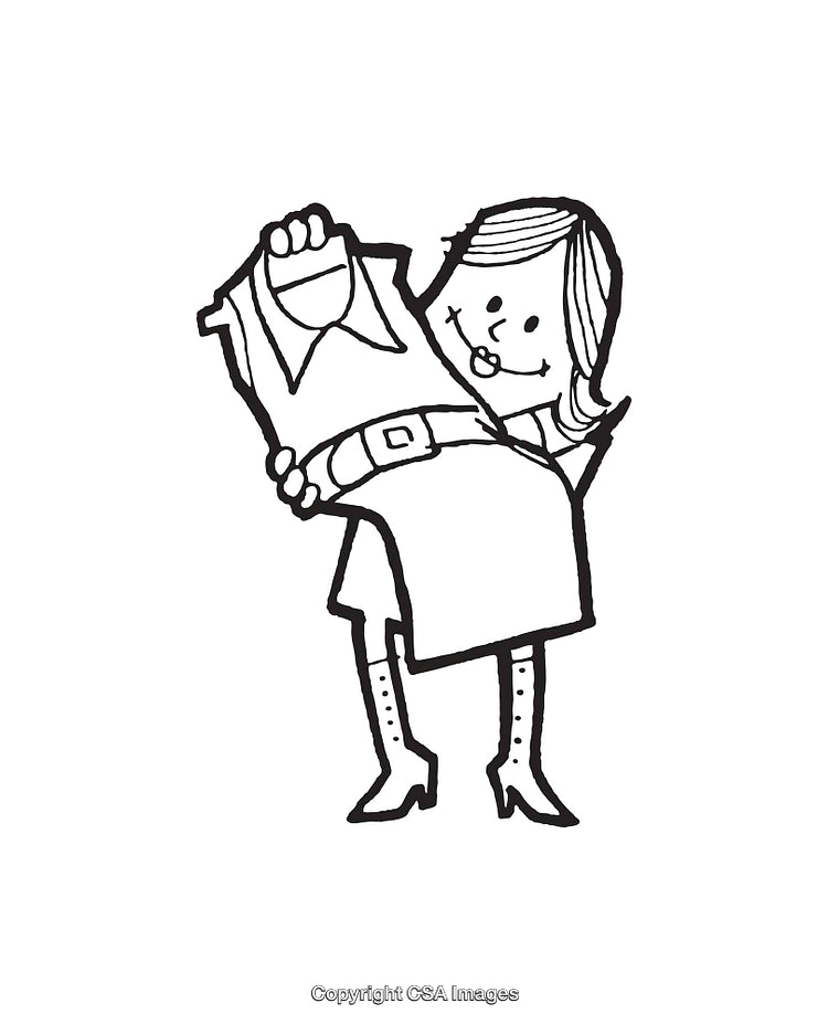 Black and White Line Art of Woman Holding Clothes