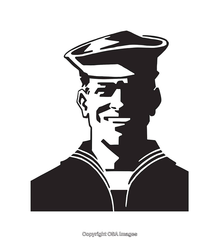 Black and White Line Art Illustration of a Smiling Sailor in Uniform