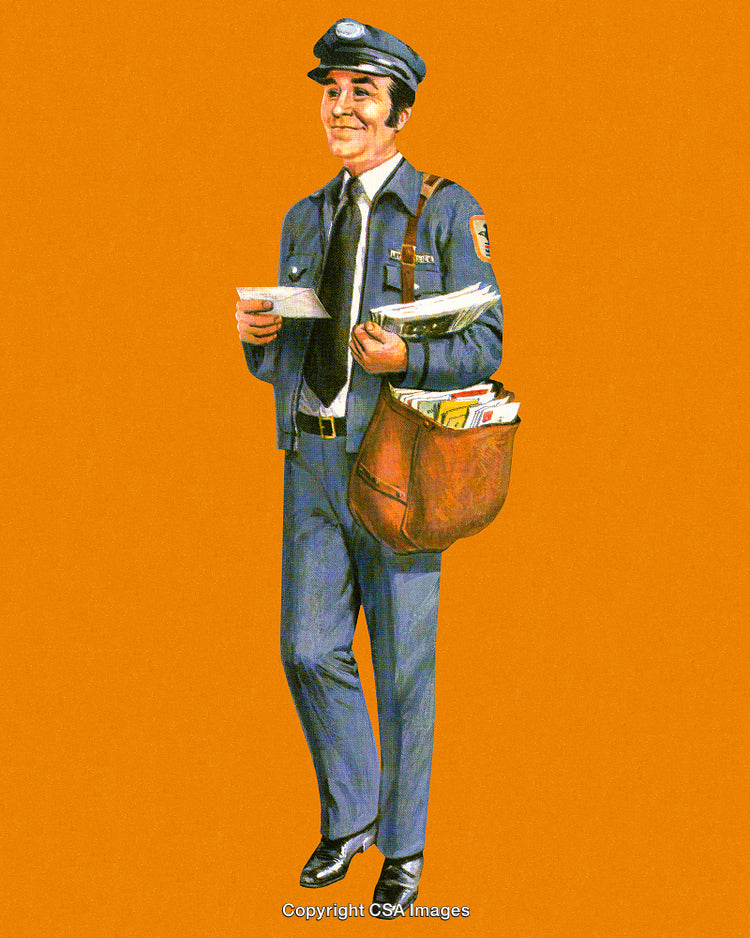 Mailman in Uniform Holding Mail and Documents on an Orange Background