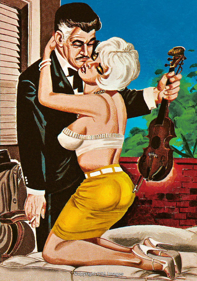 Retro Illustration of a Couple Embracing in a Stylish Romantic Scene