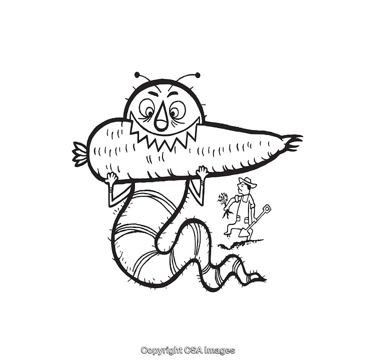 Whimsical Line Art of Worm and Farmer with Oversized Carrot
