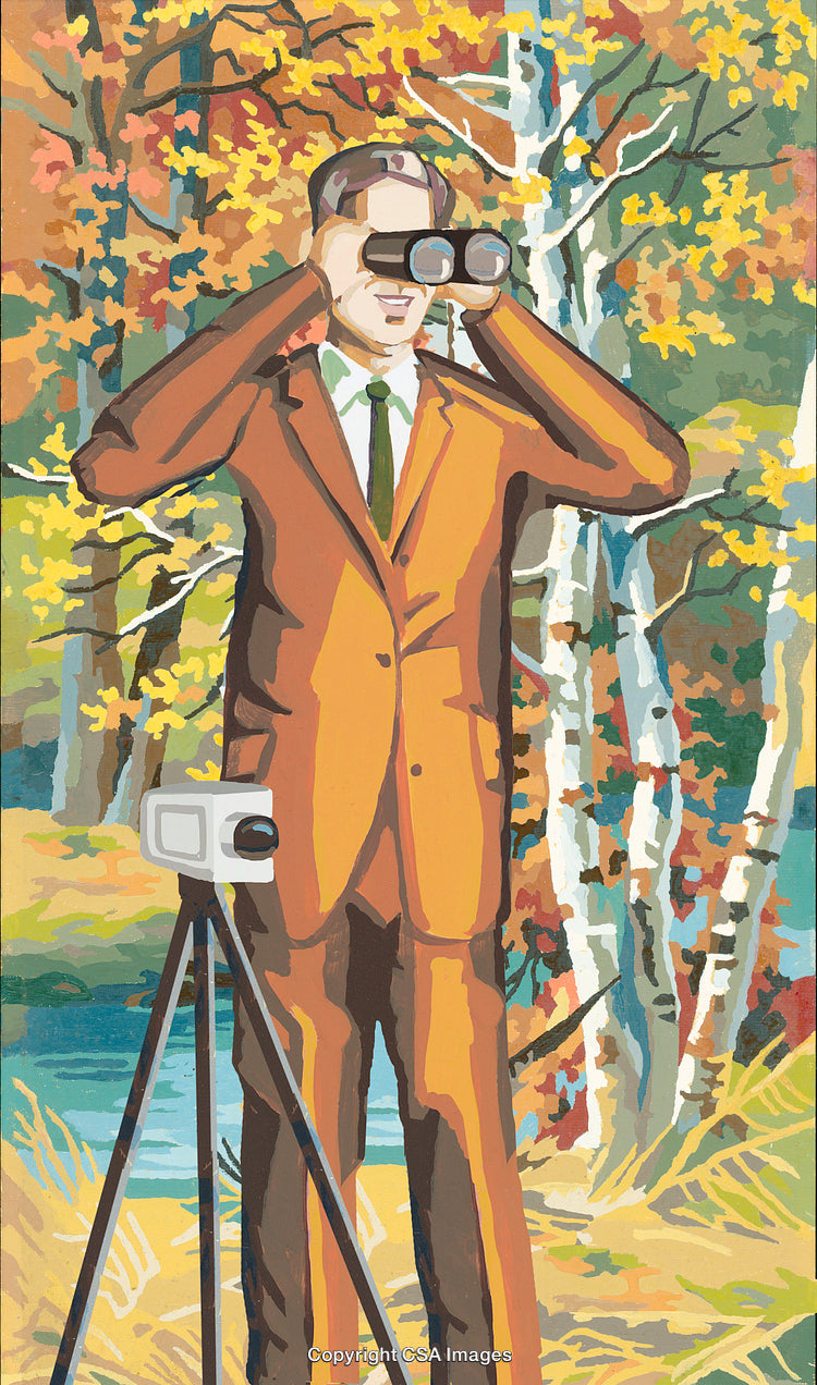 Man Observing Nature with Binoculars in an Autumn Forest Scene