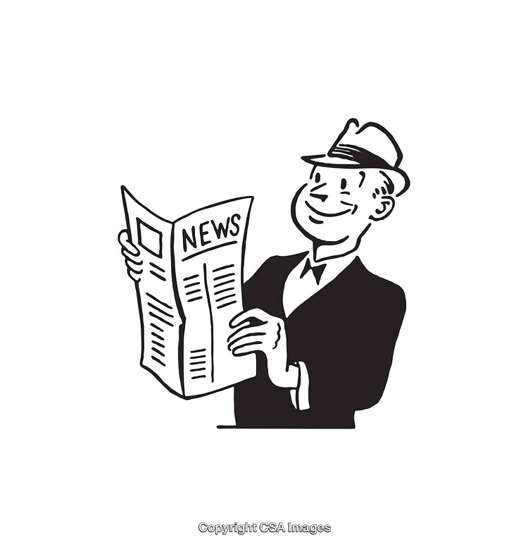 Retro Illustration of a Happy Man Reading a Newspaper in Black and White