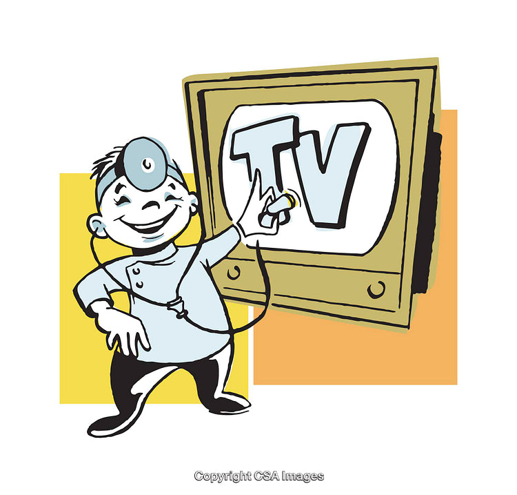 Cartoon Doctor Checking Television with Stethoscope in Color Illustration