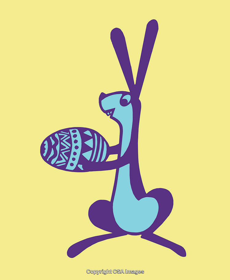 Colorful Illustration of Bunny with Decorated Egg on Yellow Background