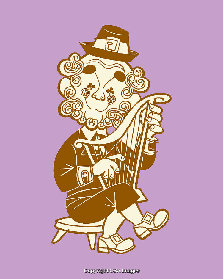 Whimsical Line Art of Leprechaun Playing a Harp on a Stool