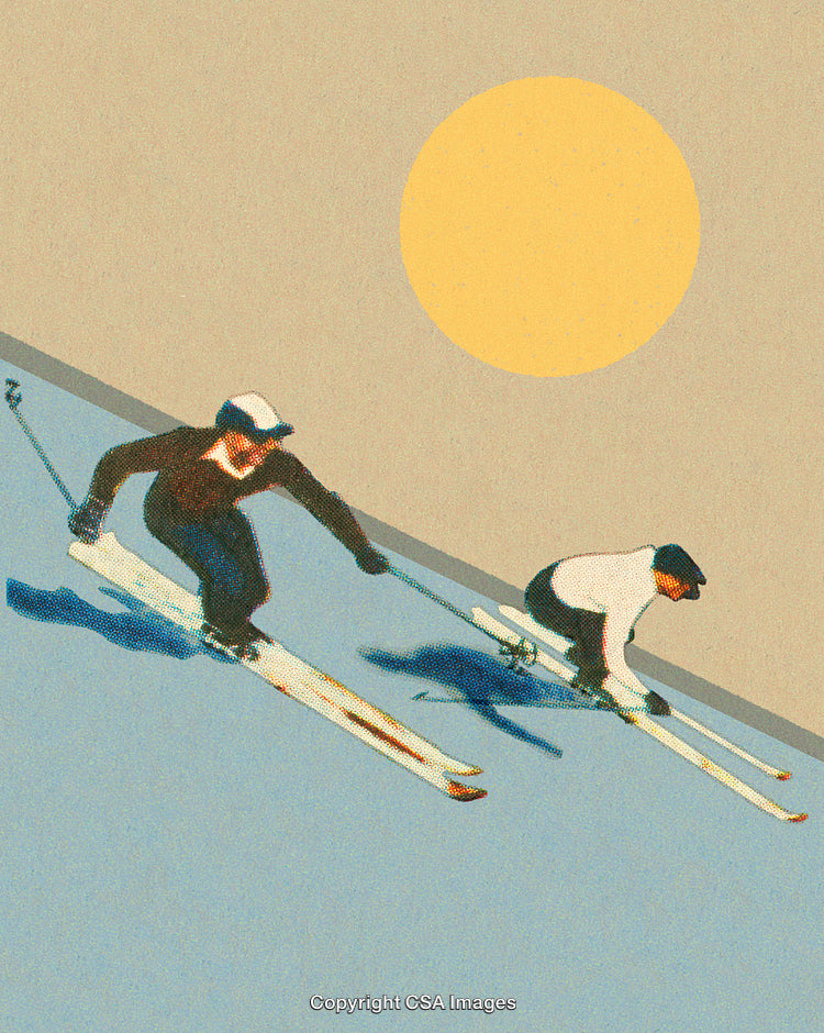 Retro Illustration of Skiers Racing Downhill Under the Sun