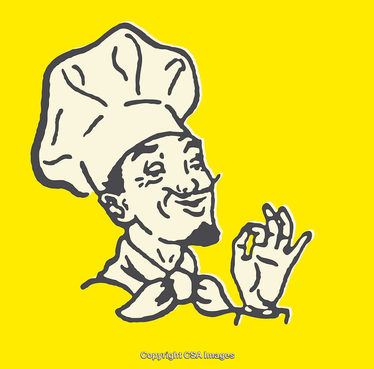 Expressive Chef Character Illustration With Iconic Gesture and Bright Yellow Background